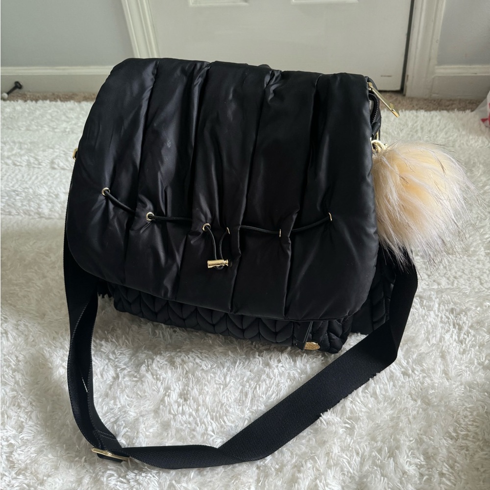 HAPP brand black diaper bag with changing pad and poof!